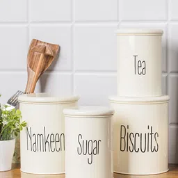 VONCASA Tea & Sugar Jar (Each 900 ml) +  Biscuits & Namkeen Jar (Each 1700 ml) - White, Set Of 4-image-46