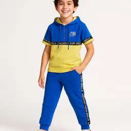 Pine Kids Cotton Knit Half Sleeves Cut & Sew Hooded T-Shirt & Lounge Pant Set with Text Print - Blue & Yellow-picture-22