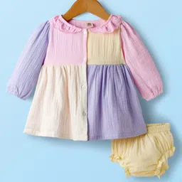 ToffyHouse 100% Cotton Woven Full Sleeves Peter Pan Collar Frock With Bloomer - Lavender & Pink-picture-11