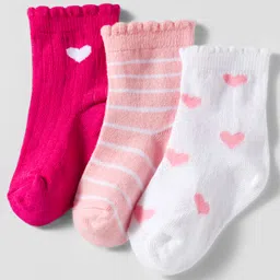 Cute Walk by Babyhug Knit Ankle Length Anti Bacterial Socks with Heart Design & Stripes Pack of 3 - Dark Pink White & Pink-picture-27