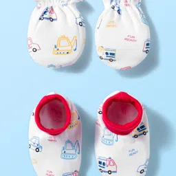 Babyhug 100% Cotton Knit Mittens & Booties Set with Vehicle Print - White-picture-20