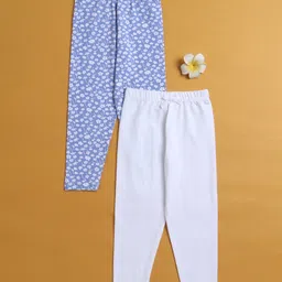 BUMZEE Cotton Knit Full Length Leggings With Floral Print Pack Of 2 - White & Blue-picture-15