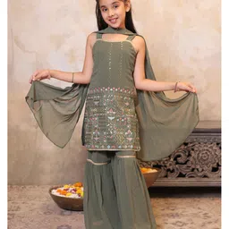 AJ Dezines Georgette Woven Sleeveless Floral Embroidered & Sequins Embellished Kurti Palazzo With Dupatta Set - Green-picture-14