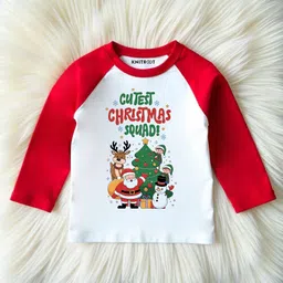 KNITROOT Cotton Knit Christmas Theme Full Raglan Sleeves Cutest Christmas Squad Text Printed Tee - Red & White-picture-10