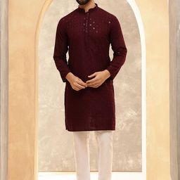 Anouk Burgundy Geometric Embroidered Sequence Mandarin Collar Straight Kurta-picture-23
