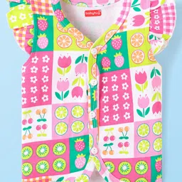 Babyhug 100% Cotton Knit Frill Sleeves Front Open Vest With Polka Dots & Tropical Print Pack Of 3 - Pink & Limegreen image 2