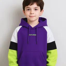 Bubble Berry Knit Full Sleeves Colour Blocked & Explorer Text Printed Hooded Oversized Winter Sweatshirt - Purple Neon & Black image 3