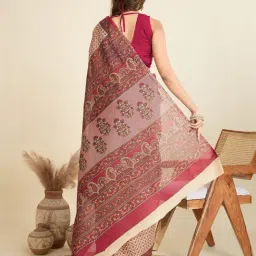 SHANVIKA Beige & Maroon Cotton Ethnic Motifs Saree Without Blouse Piece image 2