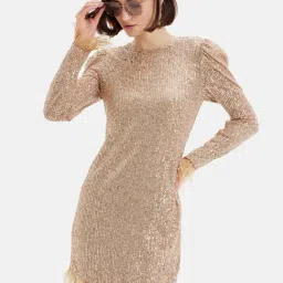 Kazo Beige Lace Embellished Shift Dress-image-78