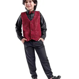 Babyhug Woven Full Sleeves Sequined 3 Piece Party Suit with Bow - Black & Red-picture-19
