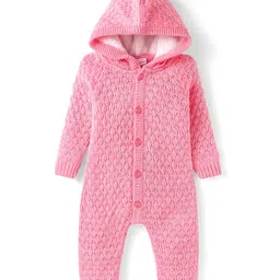 Babyhug Sweater Knit Full Sleeves HoodedWinter Romper - Pink-image-47