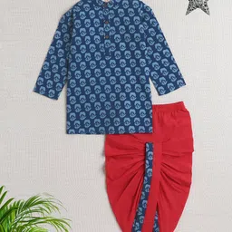 The Magic Wand Full Sleeves Floral Motif Printed Kurta With Dhoti Set - Navy Blue-picture-10