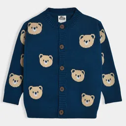 Mi Arcus 100% Cotton Full Sleeves Bear Printed Cardigan- Blue-picture-19