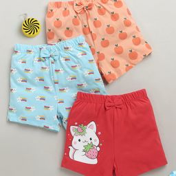 BUMZEE Cotton Knit Above Knee Length Fruit & Star Printed Shorts With Bow Applique Pack of 3 - Sky Blue Red & Peach-picture-10