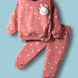 Teddy Fleece Knit Full Sleeves Winter Night Suit with Polka Dot with Bunny Applique - Rose Gold-picture-16