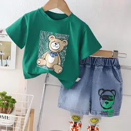 Googo Gaaga Cotton Woven Half Sleeves Teddy Bear Printed Tee & Shorts Set - Green-picture-25