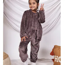 NEUDIS Velvet Knit Ribbed Top & Trouser With Full Sleeves Shrug Set - Charcoal Grey-picture-16