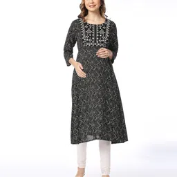 Bella Mama 100% Viscose Woven Floral Print With Embroidered Yoke Three Fourth Sleeves Maternity Kurta With Pocket - Black image 3