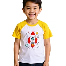 COCOON ORGANICS 100% Cotton Knit Pack Of 2 Half Raglan Sleeves Helicopter & Space Theme Printed Anti Microbial Loose Fit Tees - Yellow & White image 3