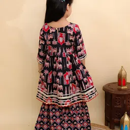 The Mom Store Cotton Woven Three Fourth Sleeves Animals & Trees Printed Lace Embellished Kurti Sharara Set - Black image 3