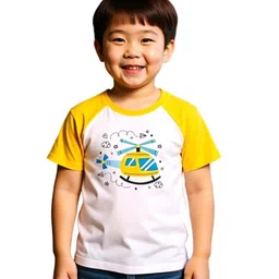 COCOON ORGANICS 100% Cotton Knit Pack Of 2 Half Raglan Sleeves Helicopter & Space Theme Printed Anti Microbial Loose Fit Tees - Yellow & White image 4