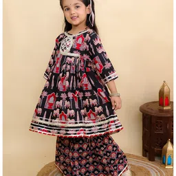 The Mom Store Cotton Woven Three Fourth Sleeves Animals & Trees Printed Lace Embellished Kurti Sharara Set - Black image 4