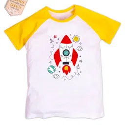 COCOON ORGANICS 100% Cotton Knit Pack Of 2 Half Raglan Sleeves Helicopter & Space Theme Printed Anti Microbial Loose Fit Tees - Yellow & White image 5