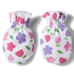 Babyhug 100% Cotton Interlock Knit Cap Mittens & Booties Set with Floral Print & Bow Applique White & Pink - Diameter 13 cm image 5