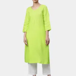 Linen Club Woman Lime Solid Kurta-picture-18