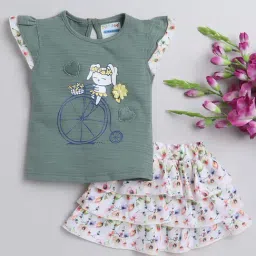 Bumzee Kids Sage Green & White Printed Top with Skirt-image-48