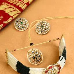 Zaveri Pearls Green & Pink Multistrand Ethnic Choker Necklace Earring & Ring Set-ZPFK10775-image-98