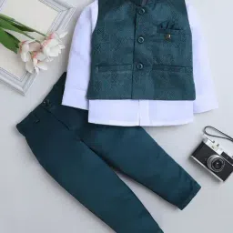 Fourfolds Boys Navy Blue Regular Fit Jacquard Print Suit Set-picture-14