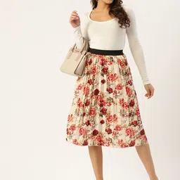 U&F Women Floral Print Flared Pleated A-Line Midi Skirt image 3