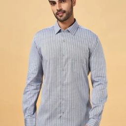 Byford by Pantaloons Light Grey Cotton Slim Fit Striped Shirt-picture-17