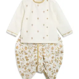 Tiber Taber Full Sleeves Motif Embroidered Kurta With Floral Print Dhoti - White-image-97