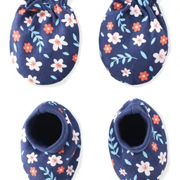 Babyhug 100% Cotton Knit Mittens & Booties Set Floral Print- Blue-picture-10