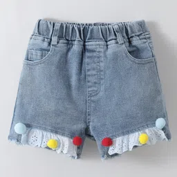 Kookie Kids Denim Washed Shorts with Lace Applique - Blue-image-66
