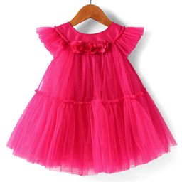 Babyhug Woven Frill Sleeves A Line Tiered Party Dress with Floral Corsage - Dark Pink-picture-4