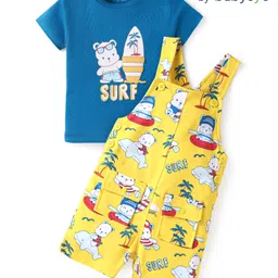 Babyoye 100% Cotton Knit With Eco Jiva Finish Half Sleeves Animal Printed T-Shirt & Dungaree - Blue & Yellow-picture-36