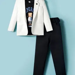 Dapper Dudes Full Sleeves Textured Blazer With Typography Printed Tee & Pant Set - White-picture-35