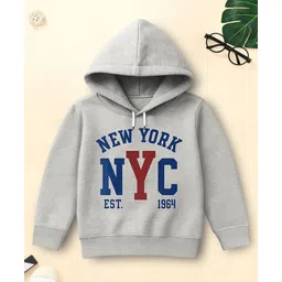 Trampoline Fleece Knit Full Sleeves New York Text Printed Hooded Winter Sweatshirt - Grey-picture-15