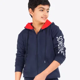 Ariel Cotton Knit Full Sleeves Someone Text Printed Light Winter Hoodie - Navy Blue-picture-15