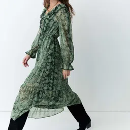 Marks & Spencer Women Abstract Printed Tiered V-Neck Ruffled A-Line Midi Dress image 2