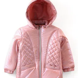 Babyhug Woven Full Sleeves Padded Hooded Jacket with Quilted Design & Solid Colour - Pink image 2