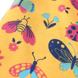 Doodle Poodle Cotton Knit Full Frill Sleeves Footed Sleep Suit With Floral & Insects Print - Yellow image 3