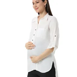Mom for sure by Ketki Dalal Rayon Woven Three Fourth Sleeves Solid Top With Front Open Nursing Access - Off White image 4