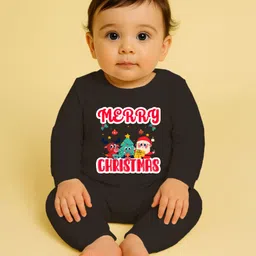 The Peppy Tend 100% Cotton Knit Christmas Theme Full Sleeves Merry Christmas Text Printed Romper - Black image 4