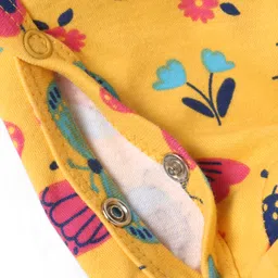 Doodle Poodle Cotton Knit Full Frill Sleeves Footed Sleep Suit With Floral & Insects Print - Yellow image 4