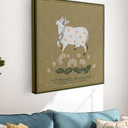 SAF Green & White Kamdhenu Cow Canvas Painting Wall Art image 2