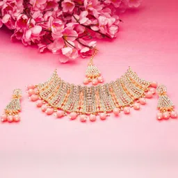 VATSALYA creation Alloy Gold- plated Pink Jewellery Set image 3